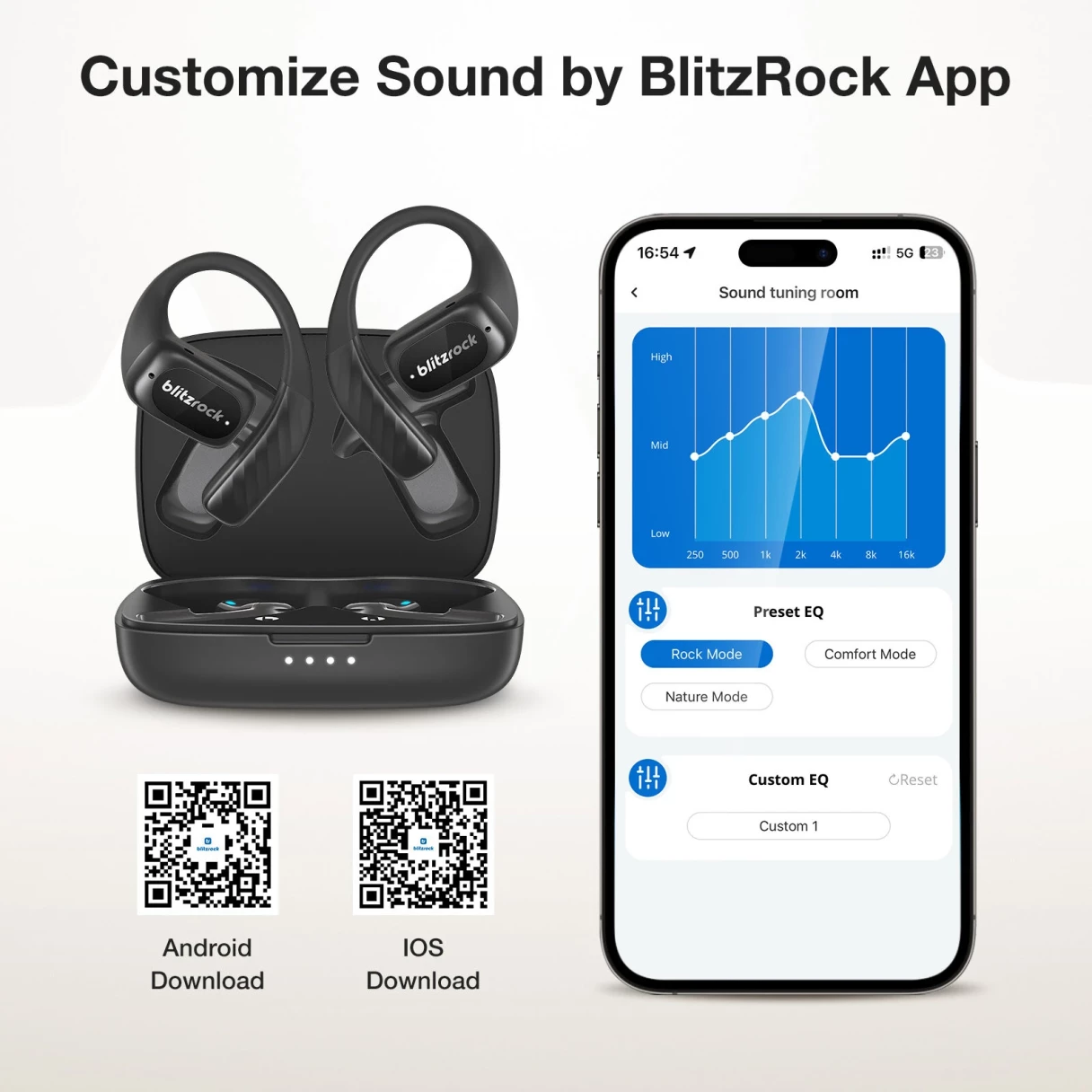 BlitzRock BR-CT3 Open Ear Earbuds bluetooth V5.4 Earphones Air Conduction Earhook Enhanced Bass 4 Mics Clear Calls App Control 28H Playtime Sports Headphones