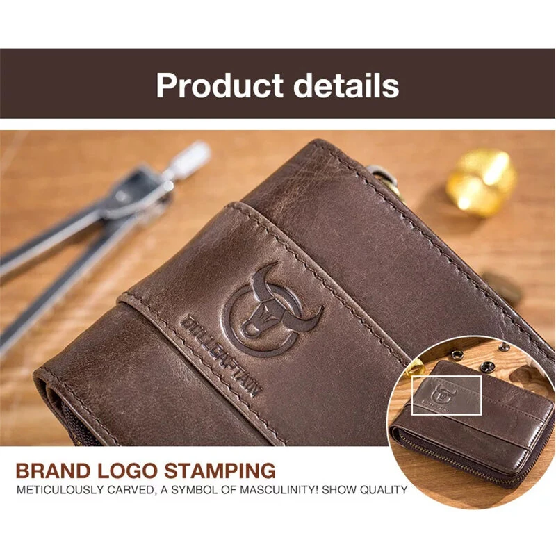 BULLCAPTAIN Genuine Leather Zipper Men Wallets Multi Card Slot ID Card Mini Holder Bags Bussiness Casual Coin Purse