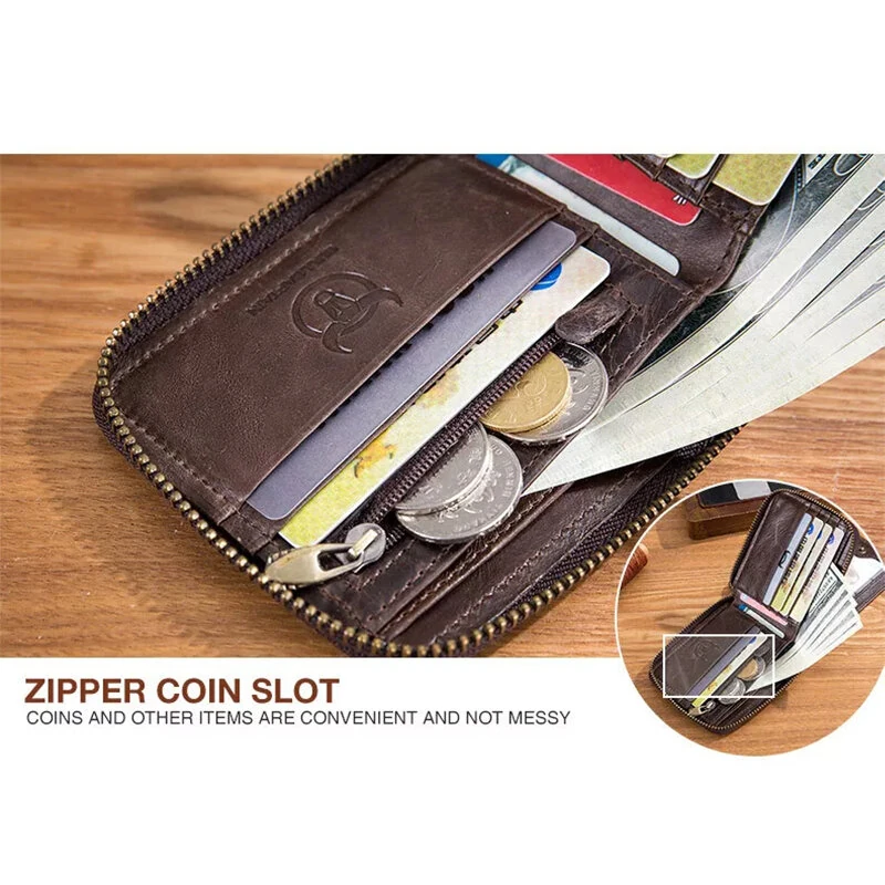 BULLCAPTAIN Genuine Leather Zipper Men Wallets Multi Card Slot ID Card Mini Holder Bags Bussiness Casual Coin Purse