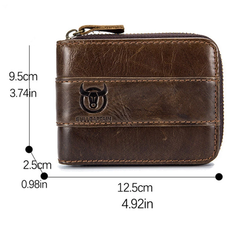 BULLCAPTAIN Genuine Leather Zipper Men Wallets Multi Card Slot ID Card Mini Holder Bags Bussiness Casual Coin Purse