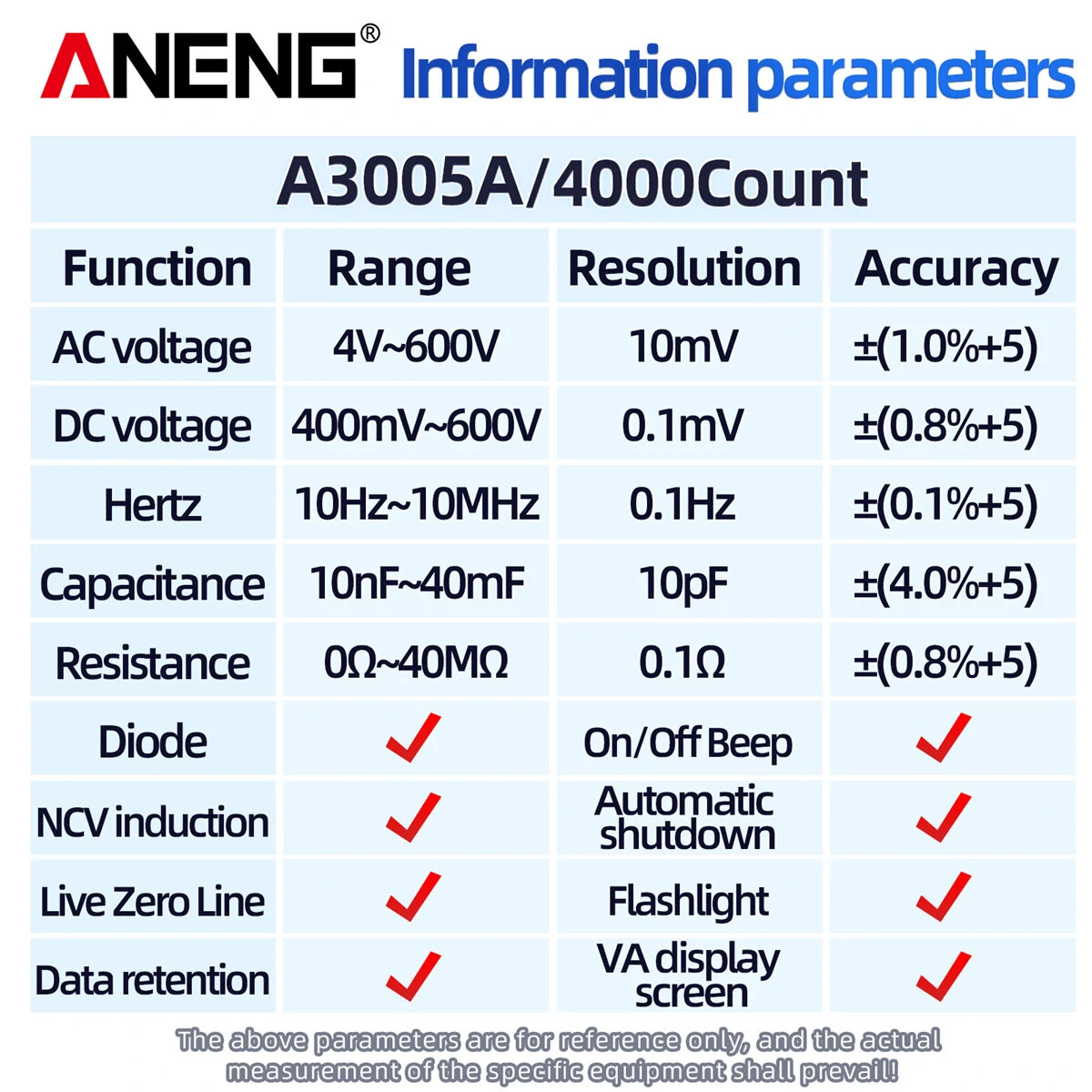 ANENG A3005A A3005APro 4000 Counts Professional Digital Multimeter Pen AC/DC Voltage Hertz Capacitance Resistance Diode Testing Auto Shutdown Essential Tool for Precision Electrical Measurements