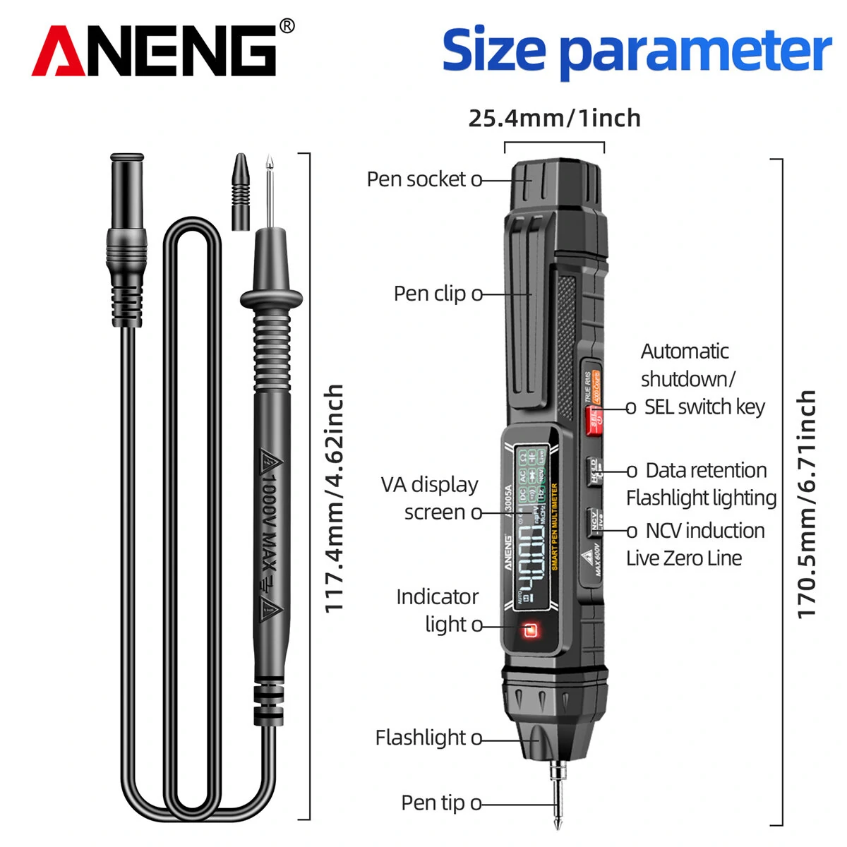 ANENG A3005A A3005APro 4000 Counts Professional Digital Multimeter Pen AC/DC Voltage Hertz Capacitance Resistance Diode Testing Auto Shutdown Essential Tool for Precision Electrical Measurements