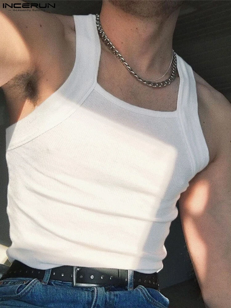 INCERUN Mens High Elastic Solid Color Casual Tank Top