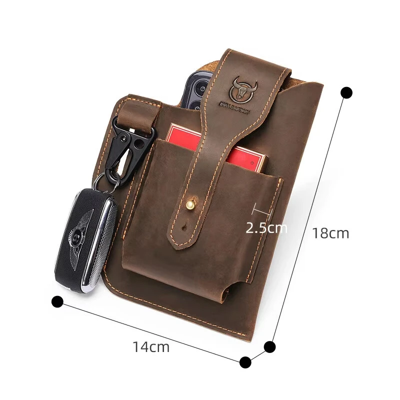 BULLCAPTAIN Genuine Leather Waist Bag for Men Belt Bag Packs 7inch Cell Phone Purse Waist Bag Wear Buckle Retro Belt Pack