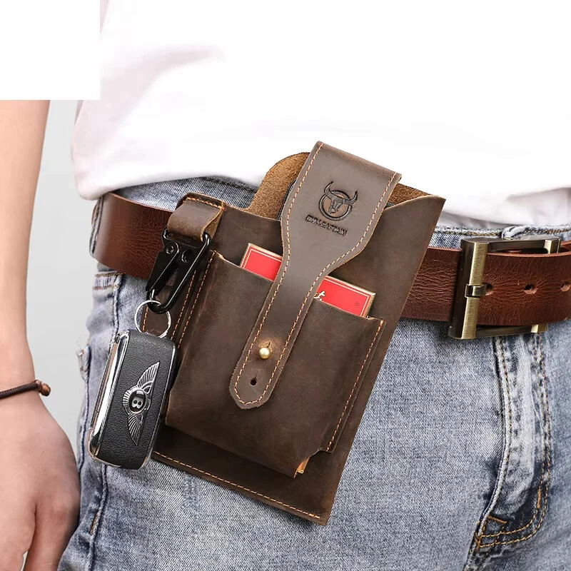 BULLCAPTAIN Genuine Leather Waist Bag for Men Belt Bag Packs 7inch Cell Phone Purse Waist Bag Wear Buckle Retro Belt Pack