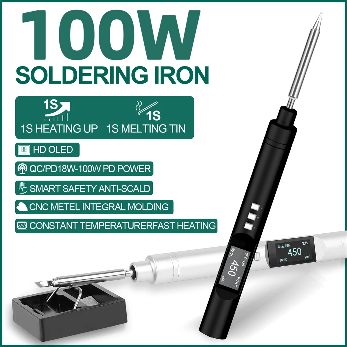 Drillpro PTS200 V2 100W Electric Soldering Iron Portable Quick Warm-Up Tin Melting Open Source Supports PD3.0 Firmware Upgradeable Battery Not Included T12/TS100 Compatible with B2 Solder Tip