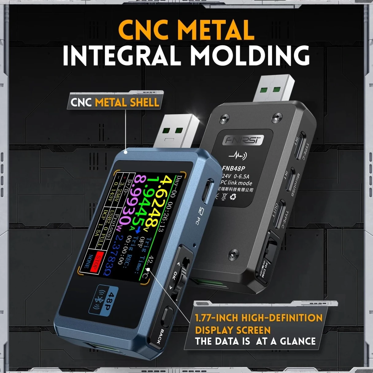 FNIRSI-FNB48P Ammeter Voltmeter USB Tester TYPE-C Fast Charge Detection Trigger Capacity Ripple Measurement with CNC Metal Shell