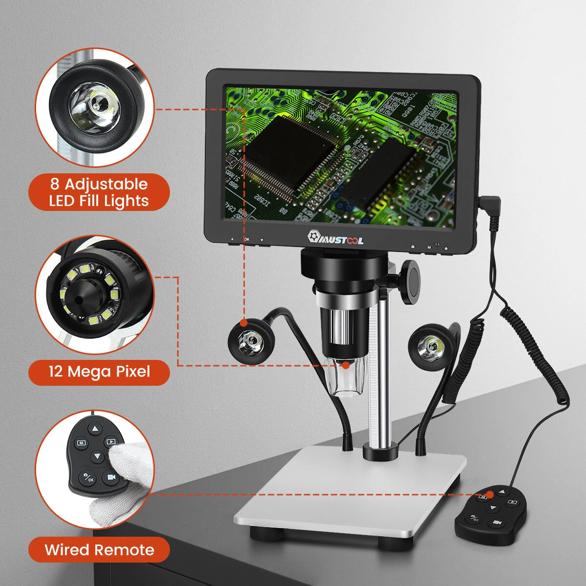 Mustool DM9 Digital Microscope 7-inch 1200X Magnifying w/Reflect cover High Resolution 1080FHD Video Adjustable LED Lights Manual Focus Remote Control Compatible with Windows and Ma OS