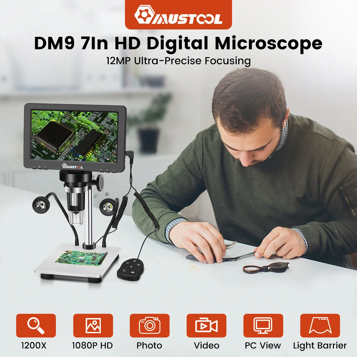 Mustool DM9 Digital Microscope 7-inch 1200X Magnifying w/Reflect cover High Resolution 1080FHD Video Adjustable LED Lights Manual Focus Remote Control Compatible with Windows and Ma OS