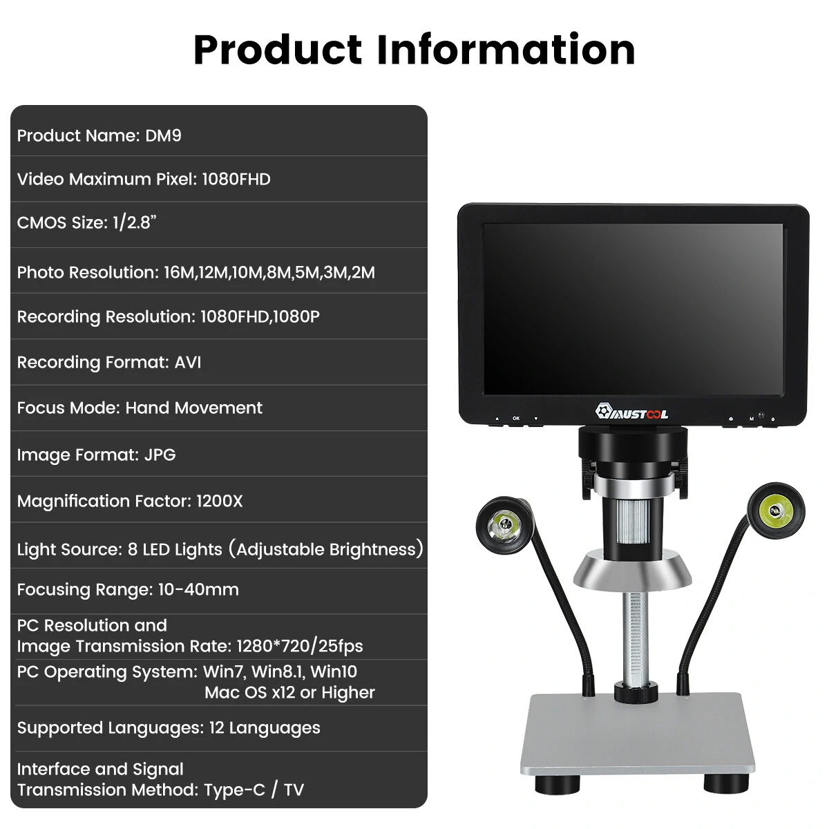 Mustool DM9 Digital Microscope 7-inch 1200X Magnifying w/Reflect cover High Resolution 1080FHD Video Adjustable LED Lights Manual Focus Remote Control Compatible with Windows and Ma OS