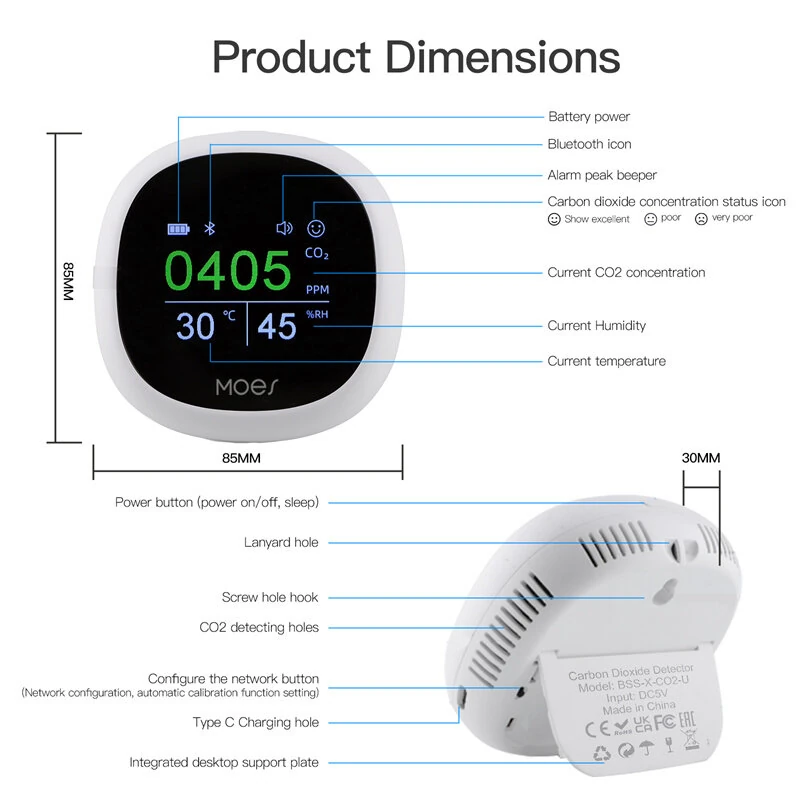 MoesHouse Tuya bluetooth Smart Air Quality Carbon Dioxide Detector with Alarm Clock Temperature Humidity Air Tester APP Remote Wireless Monitor