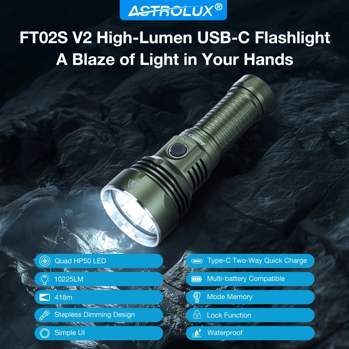 Astrolux® FT02S V2 10225LM Quad HP50 High-Lumen Strong Flashlight With Powerful 26650 Battery Type-C Rechargeable 418m Tactical LED Torch Stepless Dimming Outdoor Camping Hiking Searching Light