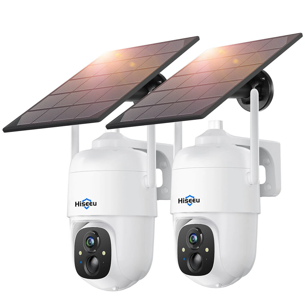 2pcs Hiseeu 2CQ1 3MP Solar WIFI IP Camera Wireless Outdoor IP66 Waterproof Battery Solar Powered PIR Human Detection 2-Way Audio Night Vision Pan Tilt Multi View