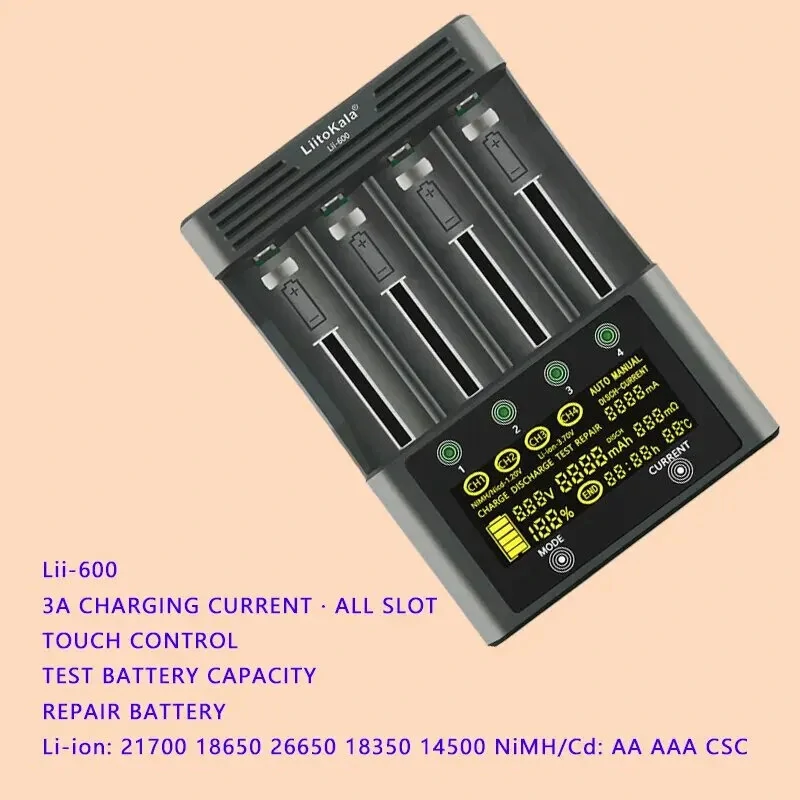 LiitoKala Lii-600 LCD Display Battery Charger For Li-ion 3.7V and NiMH 1.2V Battery Suitable for 18650 26650 21700 26700 AA AAA 12V5A  Battery Smart Charger