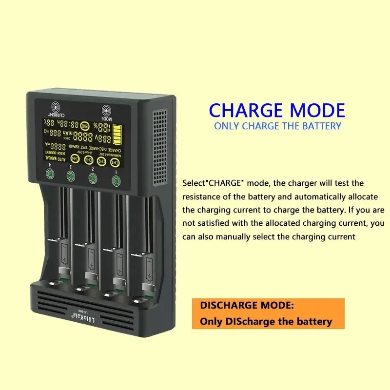 LiitoKala Lii-600 LCD Display Battery Charger For Li-ion 3.7V and NiMH 1.2V Battery Suitable for 18650 26650 21700 26700 AA AAA 12V5A  Battery Smart Charger