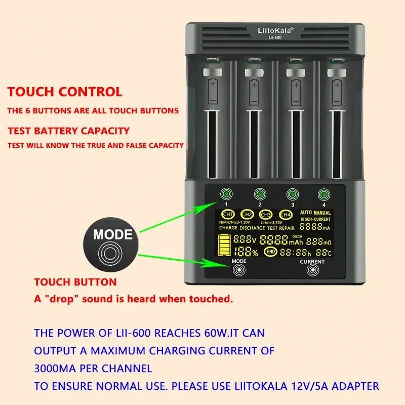 LiitoKala Lii-600 LCD Display Battery Charger For Li-ion 3.7V and NiMH 1.2V Battery Suitable for 18650 26650 21700 26700 AA AAA 12V5A  Battery Smart Charger