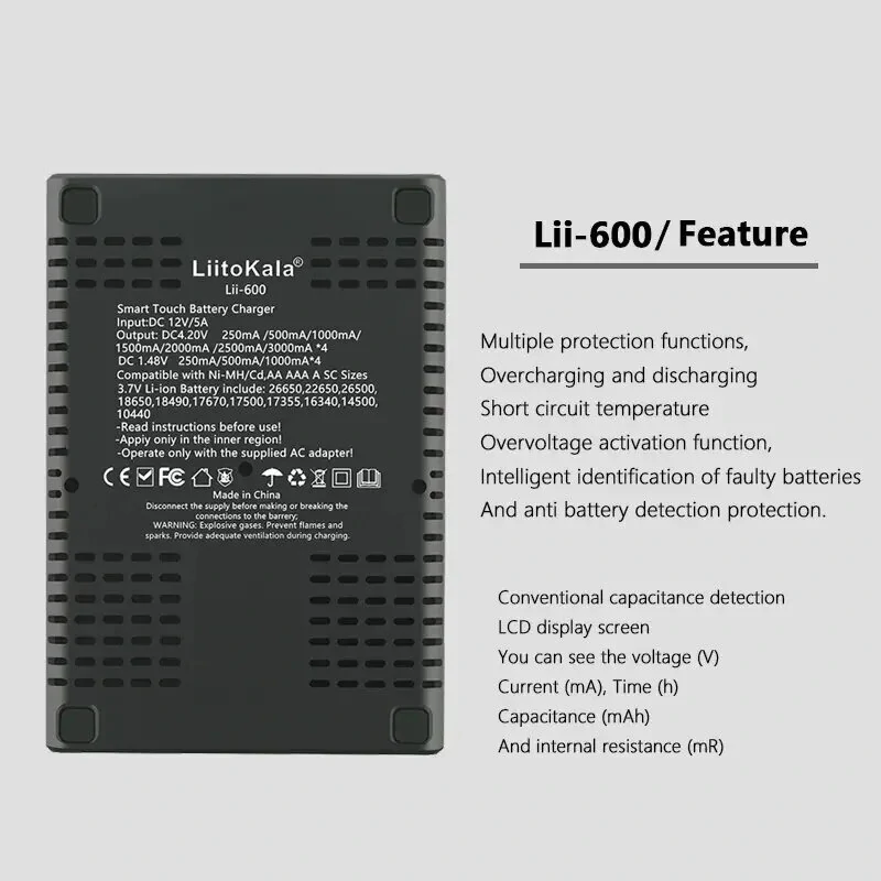 LiitoKala Lii-600 LCD Display Battery Charger For Li-ion 3.7V and NiMH 1.2V Battery Suitable for 18650 26650 21700 26700 AA AAA 12V5A  Battery Smart Charger