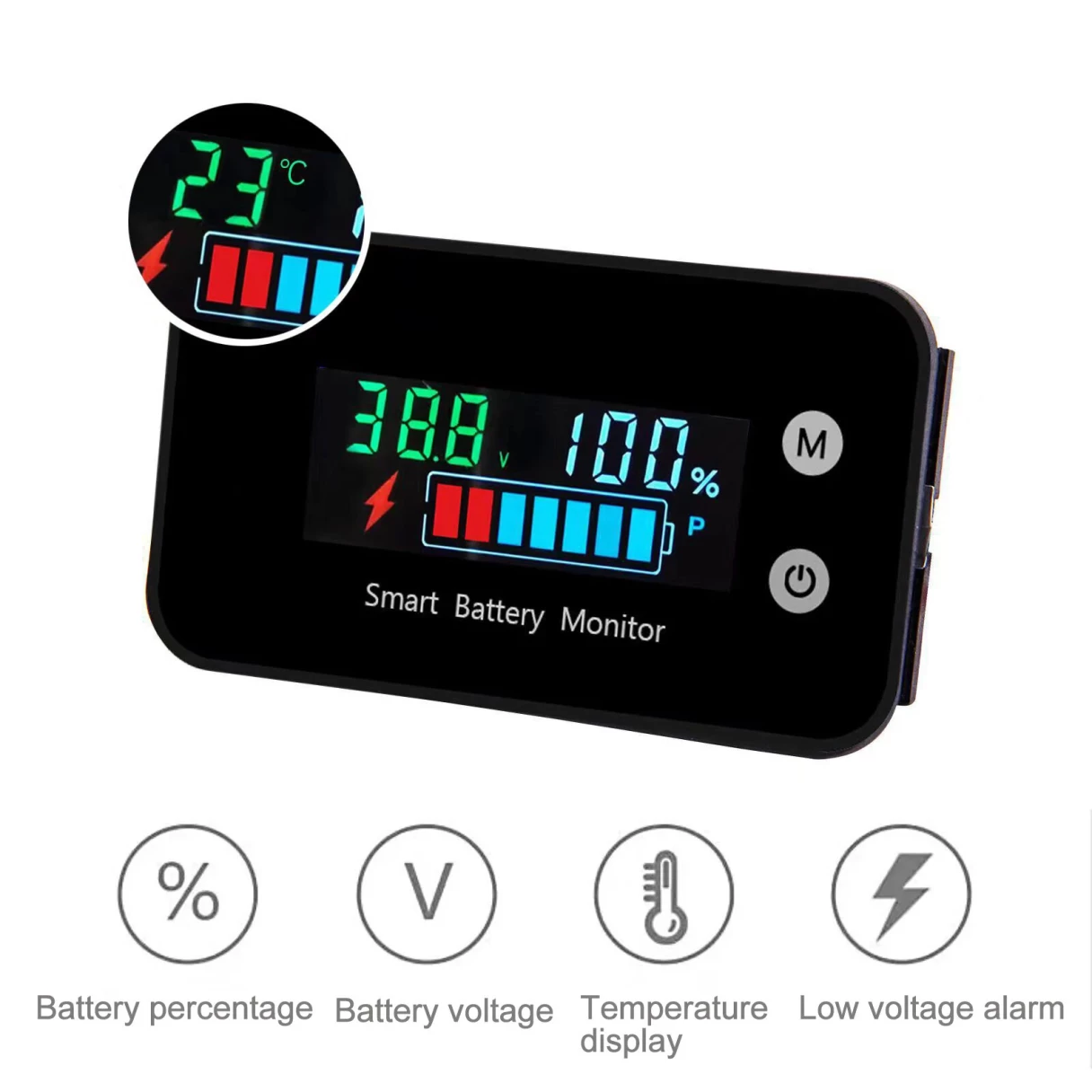LiFePO4 Lithium Battery Monitor  IPX7 Waterproof with Bracket Color Display 7-100V for Car Motorcycle Golf Cart Meter Digital Battery Capacity Remaining Capacity Percentage Tester with Buzzer Alarm Temperature