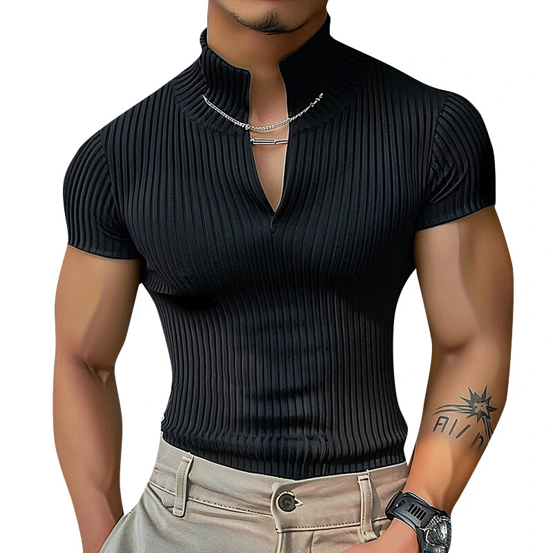 INCERUN Men's Solid Color Knitted Half Turtleneck Chain Deco Short Sleeve T-Shirt