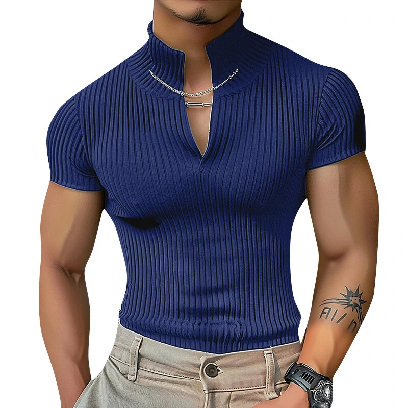 INCERUN Men's Solid Color Knitted Half Turtleneck Chain Deco Short Sleeve T-Shirt