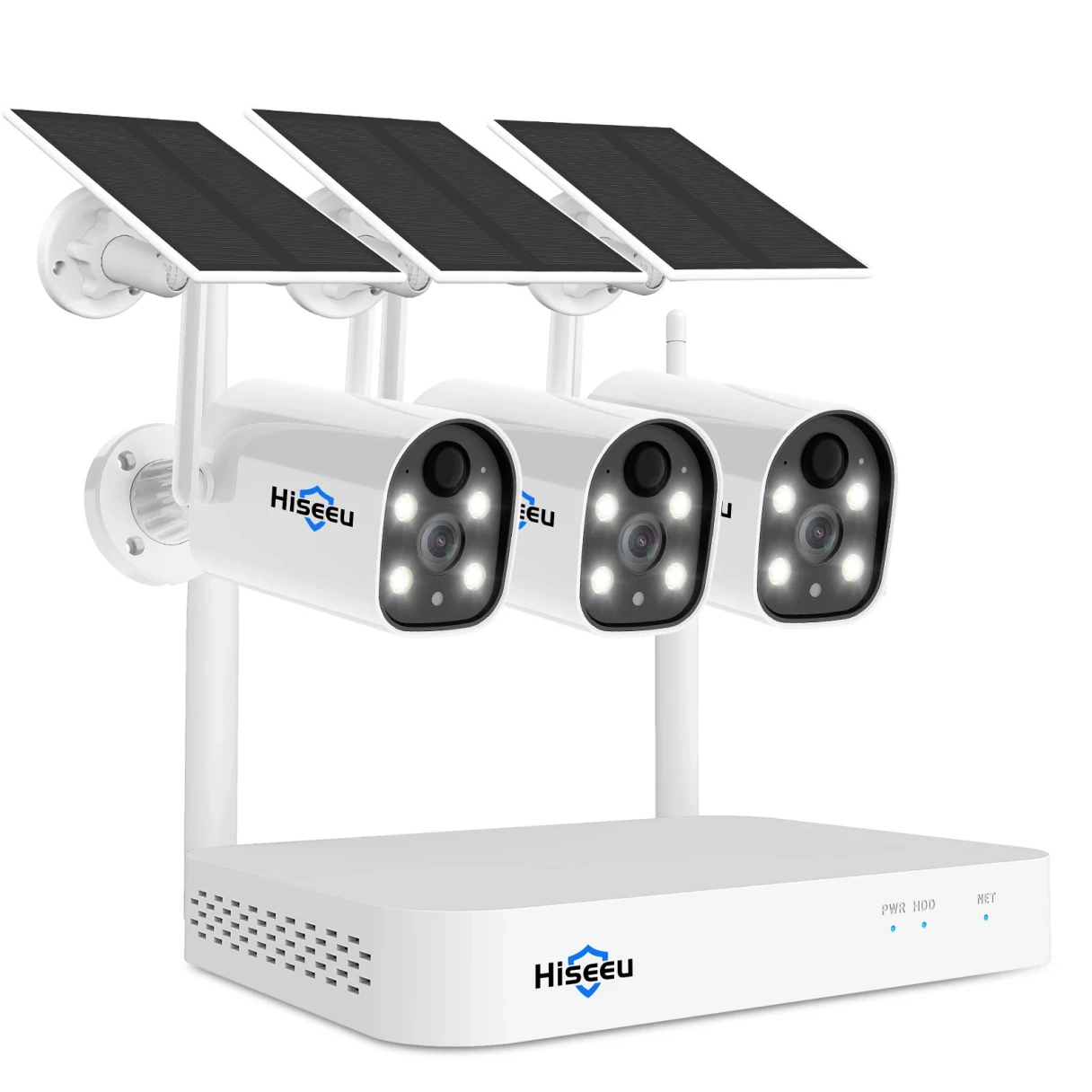 Hiseeu 2K HD Wireless 3-Cam Kits Solar Battery Powered Wireless Security Camera System Spotlight  Color Night Vision 2-Way Audio PIR Wall Mount Waterproof for Home Secuirty