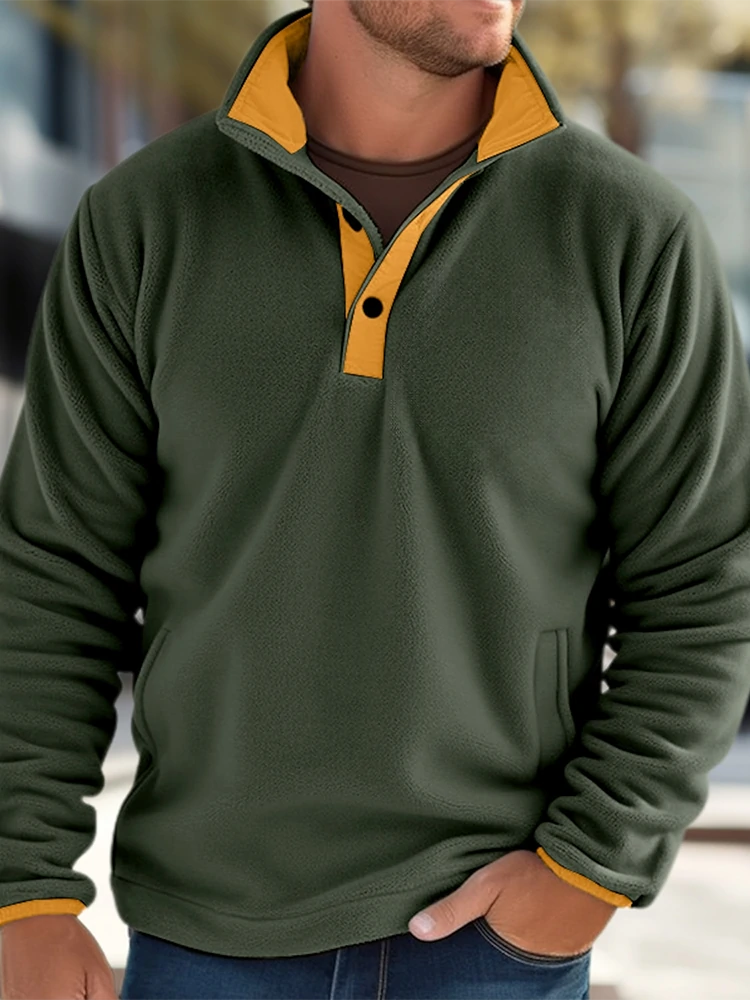 Mens Contrast Patchwork Stand Collar Fleece Casual Pullover Sweatshirts