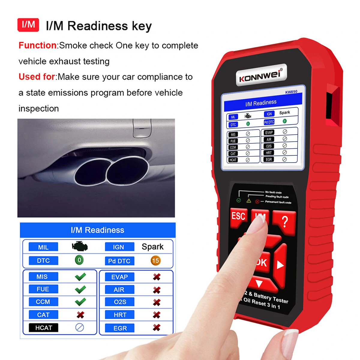 KONNWEI KW890 3in1 OBD2 12V Automotive Fault Diagnosis Scanner Instrument Battery Tester Oil Sevice Light Reset for Lead Acid Car SUV Light Truck