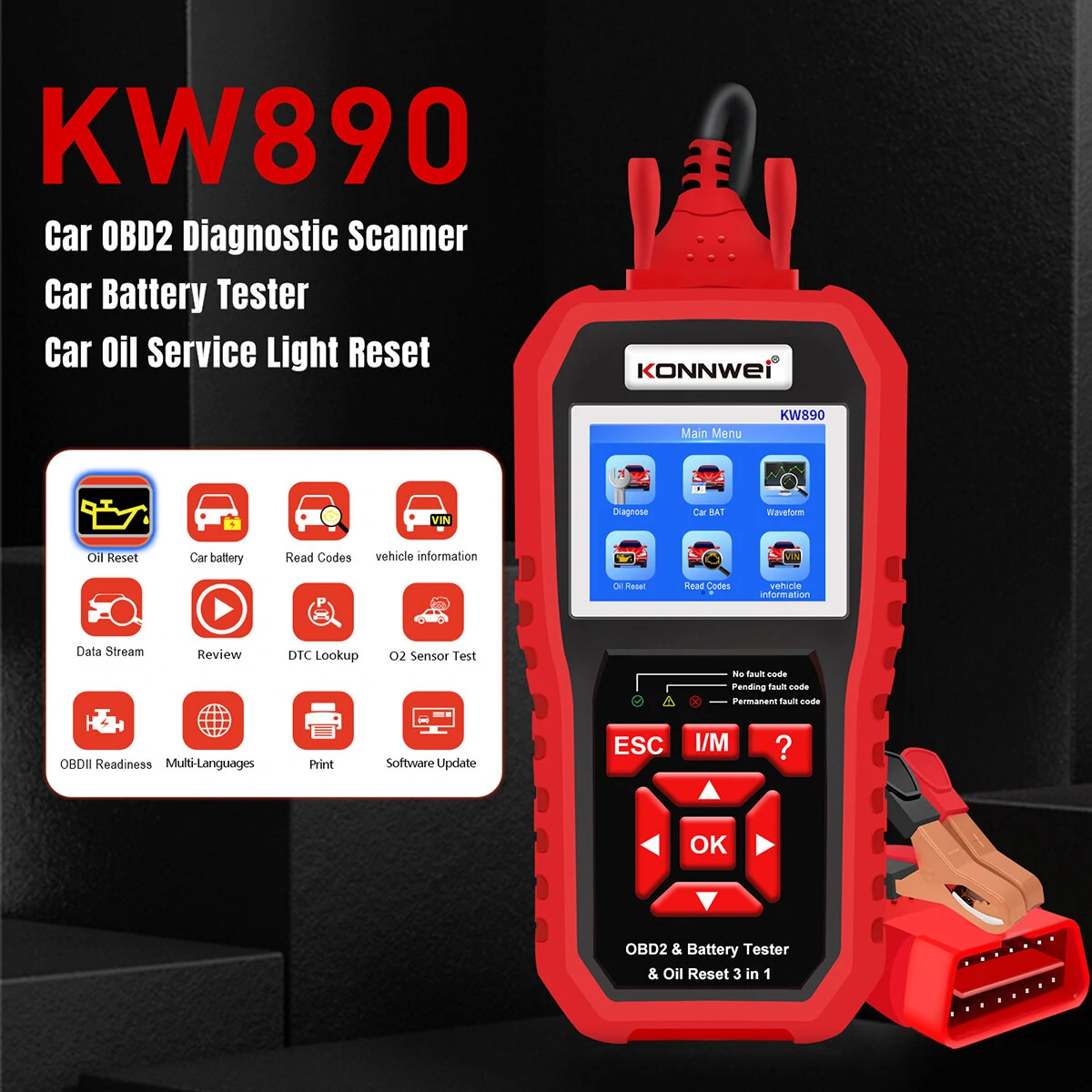 KONNWEI KW890 3in1 OBD2 12V Automotive Fault Diagnosis Scanner Instrument Battery Tester Oil Sevice Light Reset for Lead Acid Car SUV Light Truck