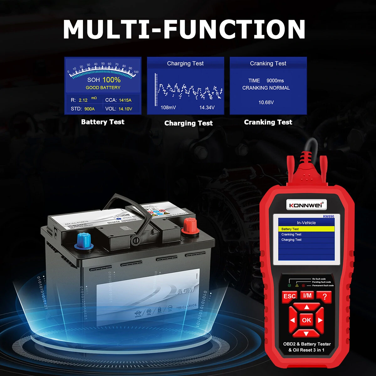 KONNWEI KW890 3in1 OBD2 12V Automotive Fault Diagnosis Scanner Instrument Battery Tester Oil Sevice Light Reset for Lead Acid Car SUV Light Truck