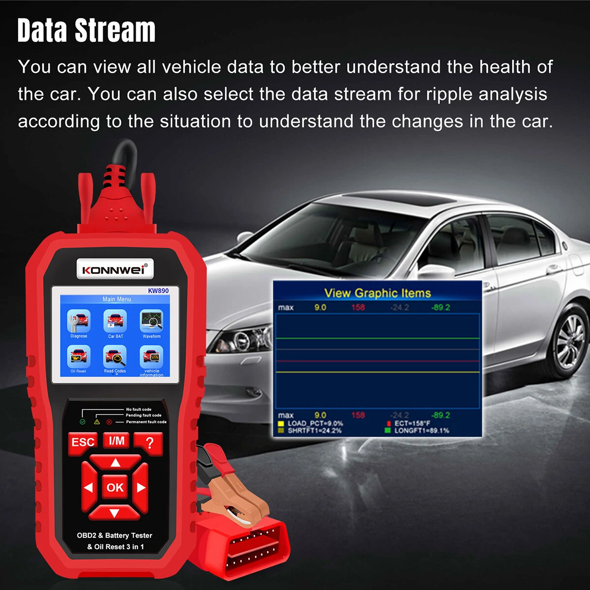 KONNWEI KW890 3in1 OBD2 12V Automotive Fault Diagnosis Scanner Instrument Battery Tester Oil Sevice Light Reset for Lead Acid Car SUV Light Truck