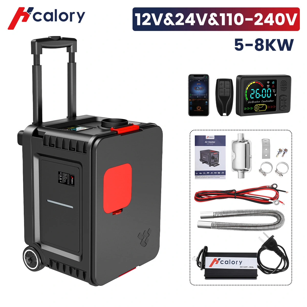 Hcalory Diesel Heater 8KW, Portable Diesel Air Heater All-in-one 110V-240V AC & 12V 24V DC, Parking Heater with Bluetooth Control and LCD Screen,Support 5L