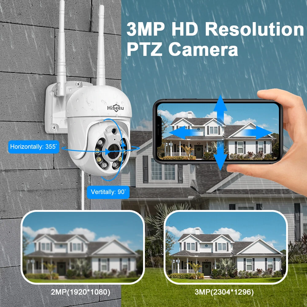 Hiseeu 3MP WiFi Camera Set Wireless PTZ Cam Auto Tracking Motion Detection Two-way Audio Night Vision IP66 Waterproof Record Playback CCTV Security Camera System EU Plug