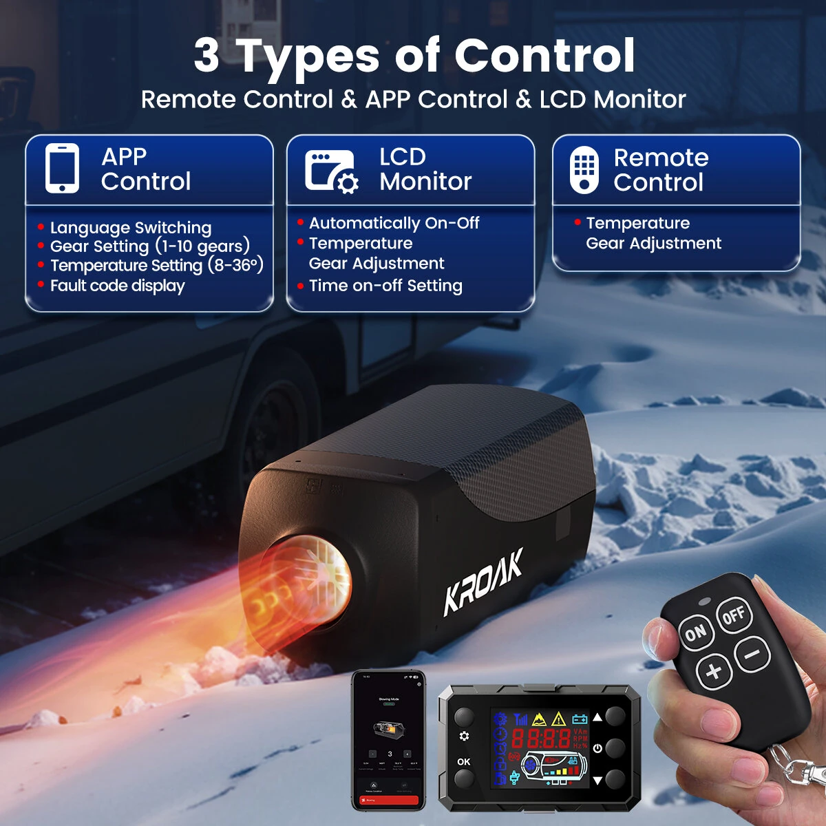 KROAK F1 5-8KW 12V 24V Split Car Parking Heater bluetooth Knob Remote Switch Smart With Muffler