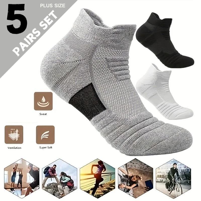 5 Pairs Men's Sports Socks, Thick Towel Basketball Socks, Wicking Sweat Breathable Running Cycling Socks, High Elastic Outdoor Activities Ankle Socks