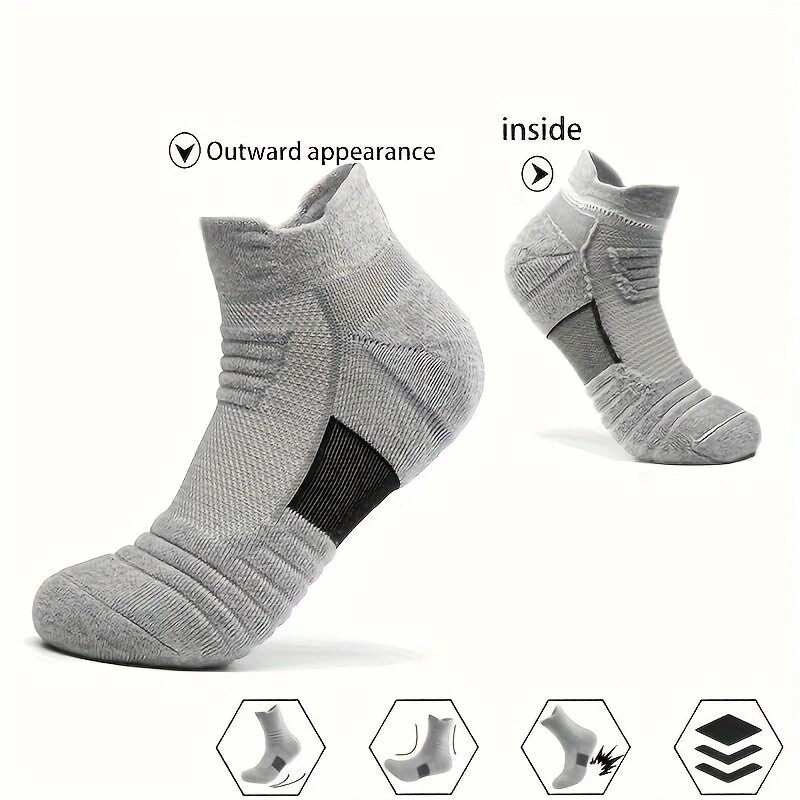 5 Pairs Men's Sports Socks, Thick Towel Basketball Socks, Wicking Sweat Breathable Running Cycling Socks, High Elastic Outdoor Activities Ankle Socks