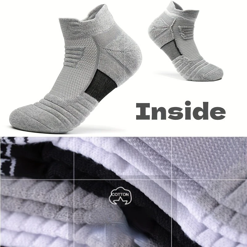 5 Pairs Men's Sports Socks, Thick Towel Basketball Socks, Wicking Sweat Breathable Running Cycling Socks, High Elastic Outdoor Activities Ankle Socks