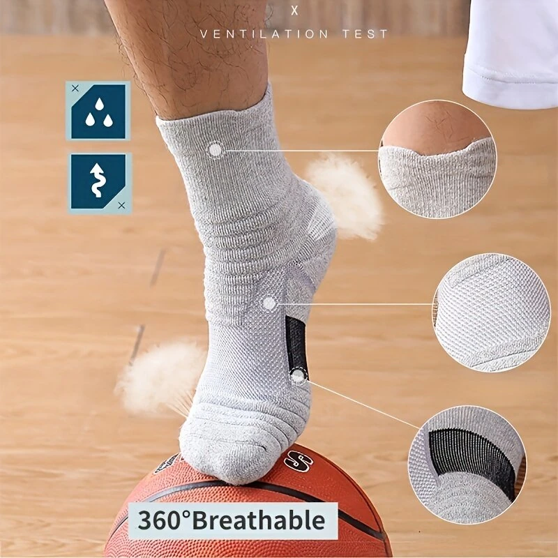 5 Pairs Men's Sports Socks, Thick Towel Basketball Socks, Wicking Sweat Breathable Running Cycling Socks, High Elastic Outdoor Activities Ankle Socks