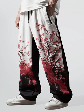 ChArmkpR Mens Japanese Floral Print Patchwork Drawstring Waist Straight Pants