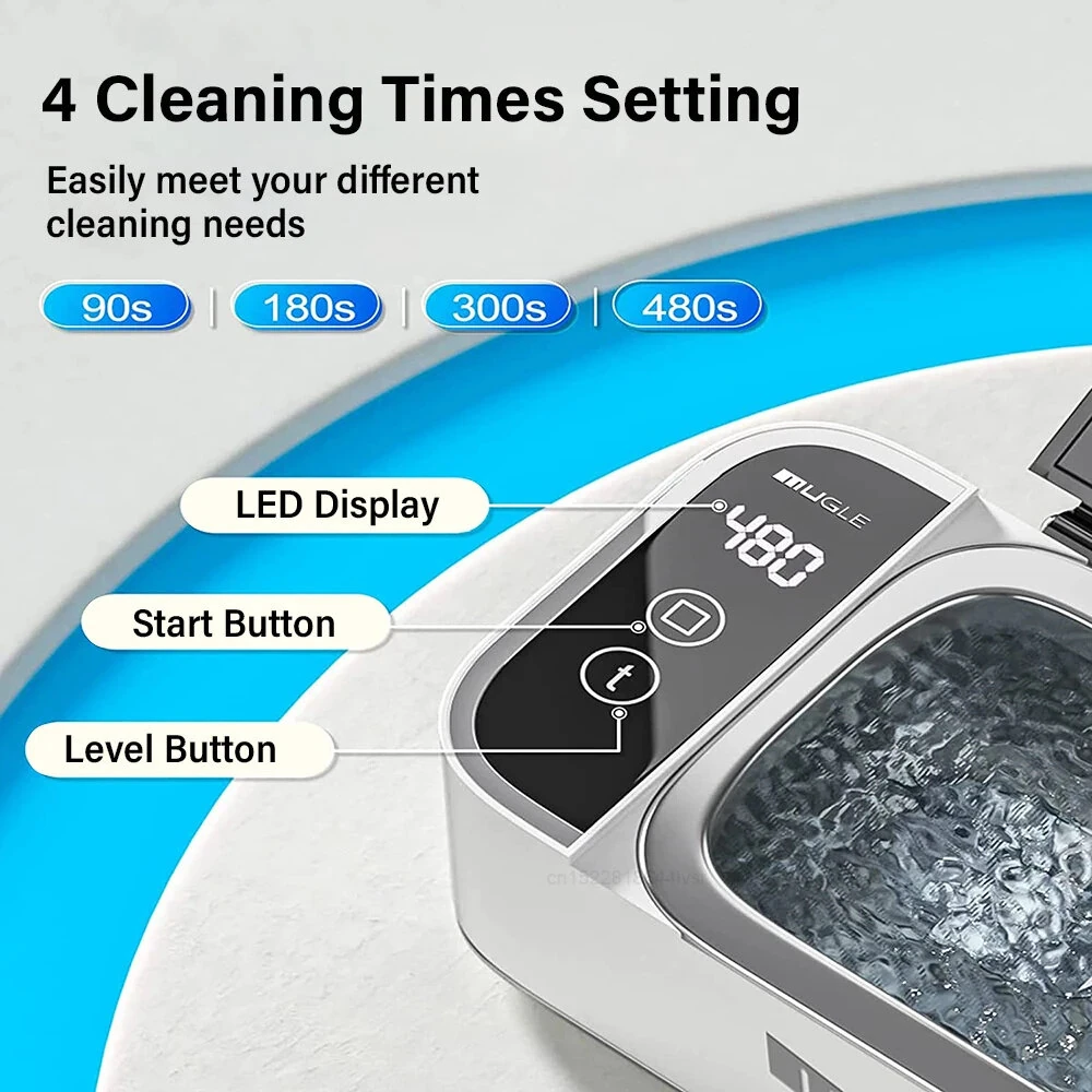 Mugle 40W Portable Jewelry Cleaner 46kHz U1trasonic Vibration Power with Touch Screen 4 Cleaning Times Setting and 304 Stainless Steel Tank for Glasses Watches