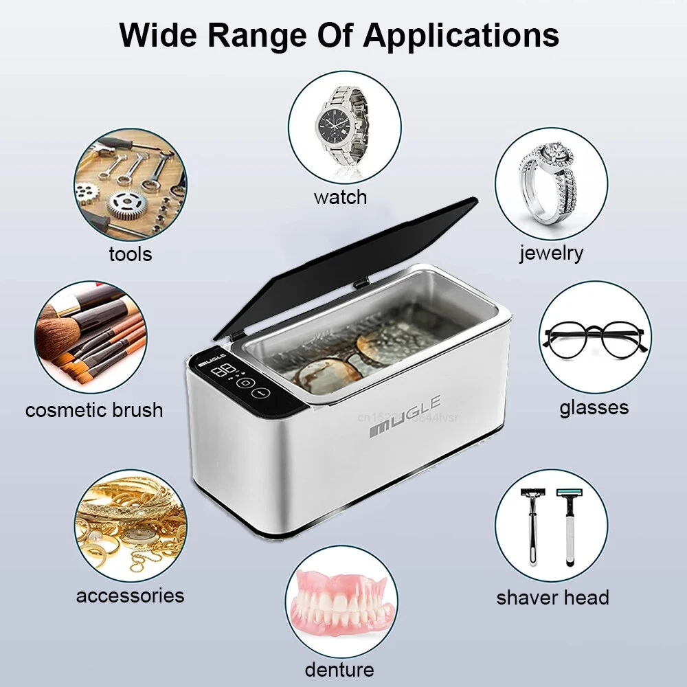 Mugle 40W Portable Jewelry Cleaner 46kHz U1trasonic Vibration Power with Touch Screen 4 Cleaning Times Setting and 304 Stainless Steel Tank for Glasses Watches