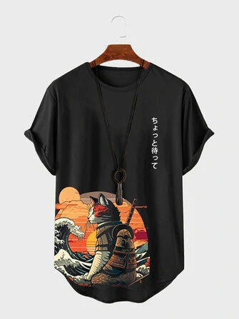 ChArmkpR Mens Japanese Cat Print Curved Hem Short Sleeve T-Shirts