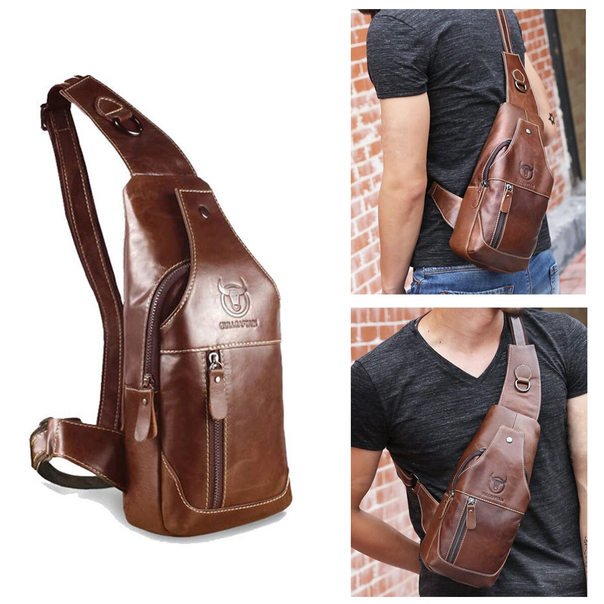 BULLCAPTAIN Men Genuine Leather Wear Resisting Textured Business Casual Brown Black Chest Bag Shoulder Crossbody Bag