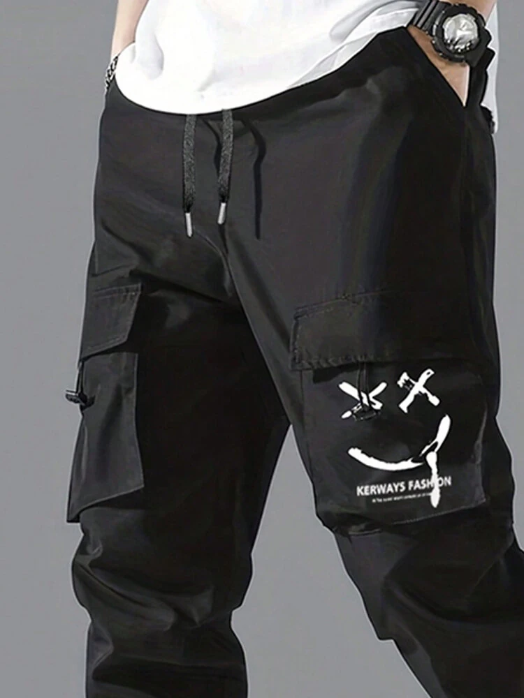 ChArmkpR Mens Black Pant Smile Face Print Multi Pocket Drawstring Waist Cargo Pants