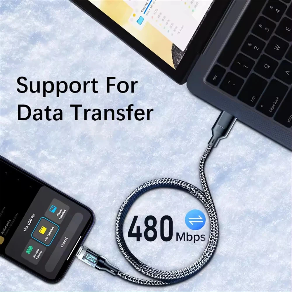 120W USB-A to Type-C Cable with Digital Display Fast Charging Data Transmission Copper Core Line 1M/2M Long for iPhone 15 15 Plus for Huawei Pura 70 Ultra for Xiaomi Civi 4 Pro for Samsung Galaxy S24