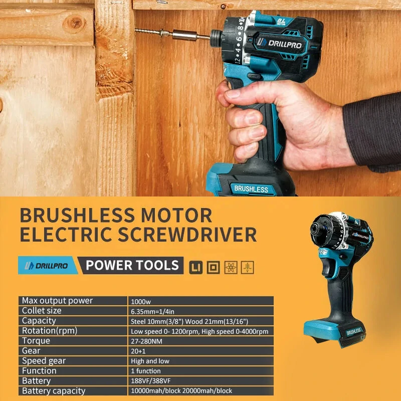 Drillpro 20+1 Brushless Elctric Screwdriver 1000W Torque with Dual Speed Capabilities Compatible with Mak 18V Batteries Ideal for Steel and Woodworking Tools