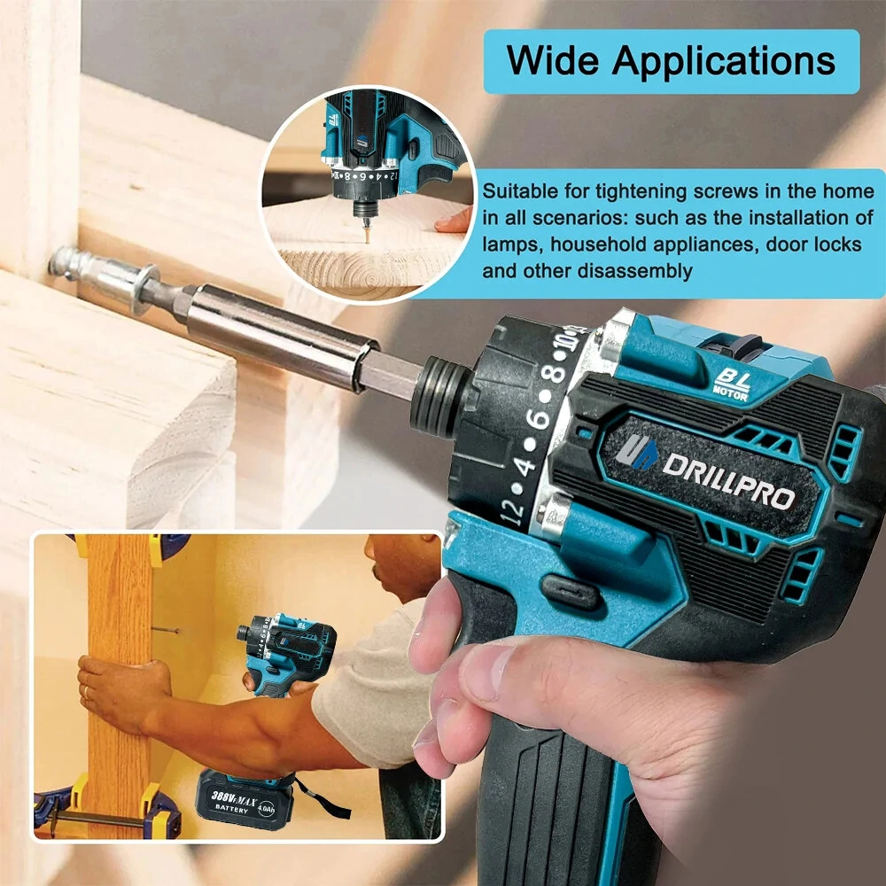 Drillpro 20+1 Brushless Elctric Screwdriver 1000W Torque with Dual Speed Capabilities Compatible with Mak 18V Batteries Ideal for Steel and Woodworking Tools