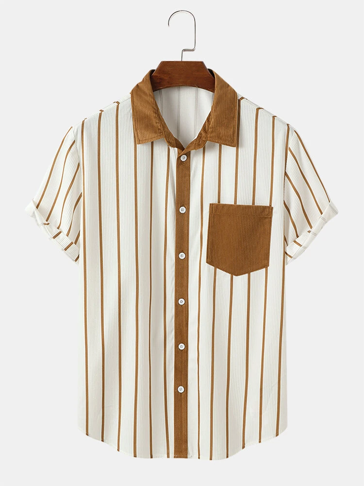 ChArmkpR Mens Striped Shirts Casual Chest Pocket Button Up Corduroy Short Sleeve Shirts