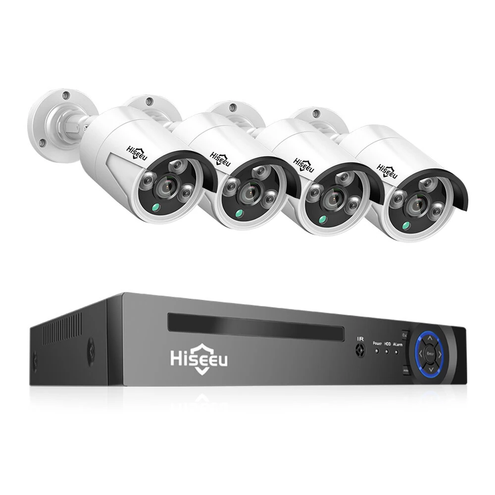 Hiseeu PK-4HB615 5MP H.265 POE IP Camera 4 Cameras Security System IP66 Waterproof Night Vision Audio Recording AI Detection XmEye Pro App Remote Access