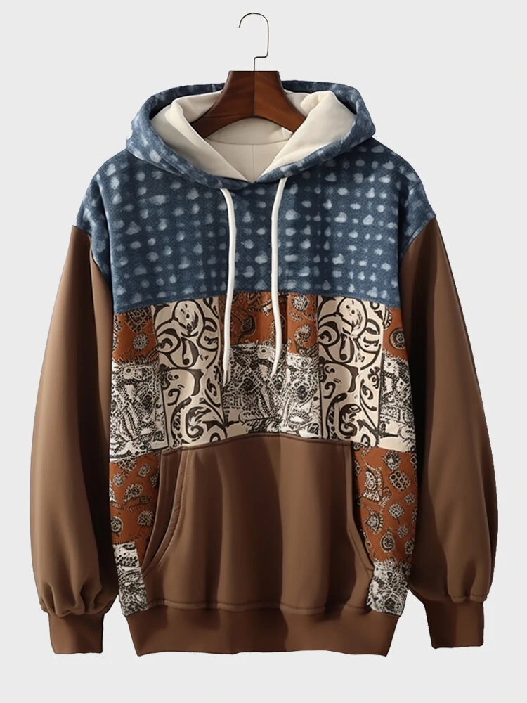 Mens Ethnic Pattern Patchwork Kangaroo Pocket Drawstring Hoodies