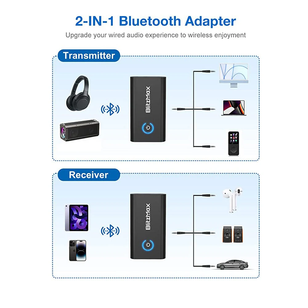 BlitzMax BT05 Transmitter Receiver bluetooth V5.2 Apt Adaptive Low Latency HiFi Sound Dual Link Pairing 2 in 1 Audio Mini Portable Adapter for PC TV Wired Speaker